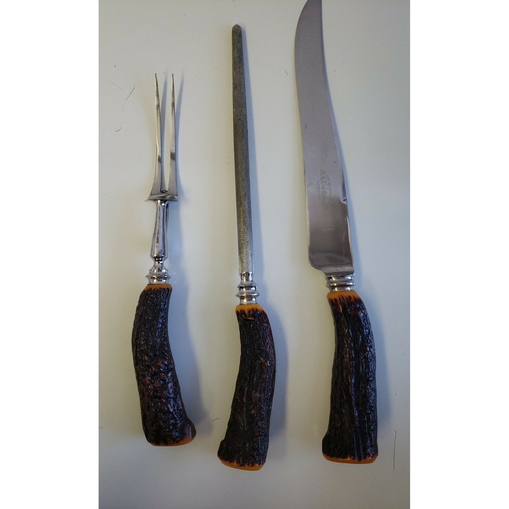 Englishtown Sheffield England Knife Fork & Sharpener Carving Set Faux Antler MCM